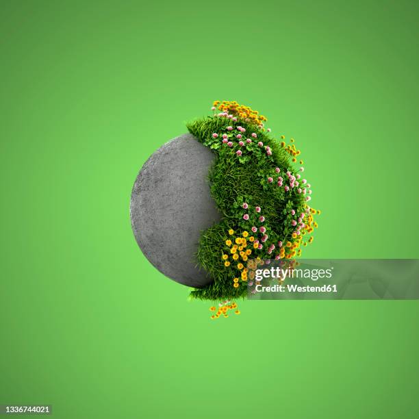 three dimensional render of springtime meadow overgrowing concrete sphere - farbiger hintergrund stock-grafiken, -clipart, -cartoons und -symbole