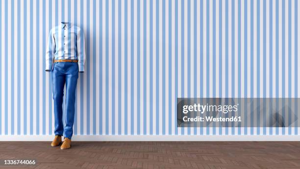 three dimensional render of invisible personleaning against blue striped wall - invisible people stock illustrations