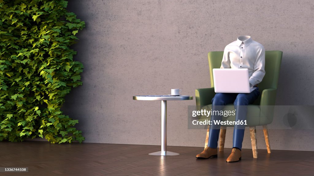 Three dimensional render of invisible person sitting in armchair with laptop
