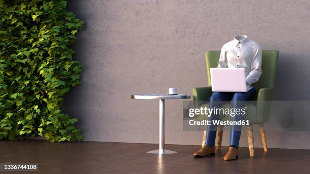 three dimensional render of invisible person sitting in armchair with laptop - invisible people stock illustrations