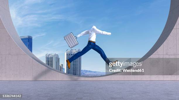 three dimensional render of invisible personjumping on rooftop with suitcase in hand - invisible stock illustrations