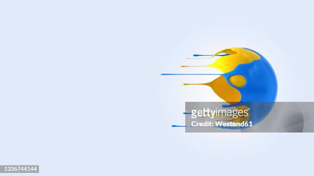 illustrazioni stock, clip art, cartoni animati e icone di tendenza di blue and yellow liquid sphere flying past white background - liquido
