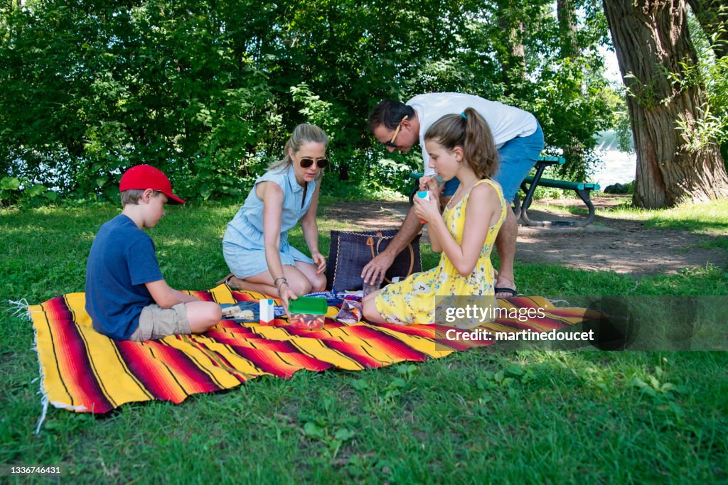 Família curtindo um piquenique em parque público no verão.