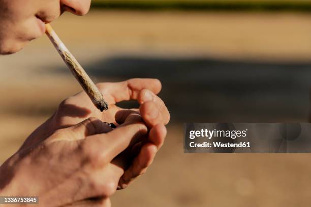 teenage boy igniting marijuana joint during sunset - spinello foto e immagini stock