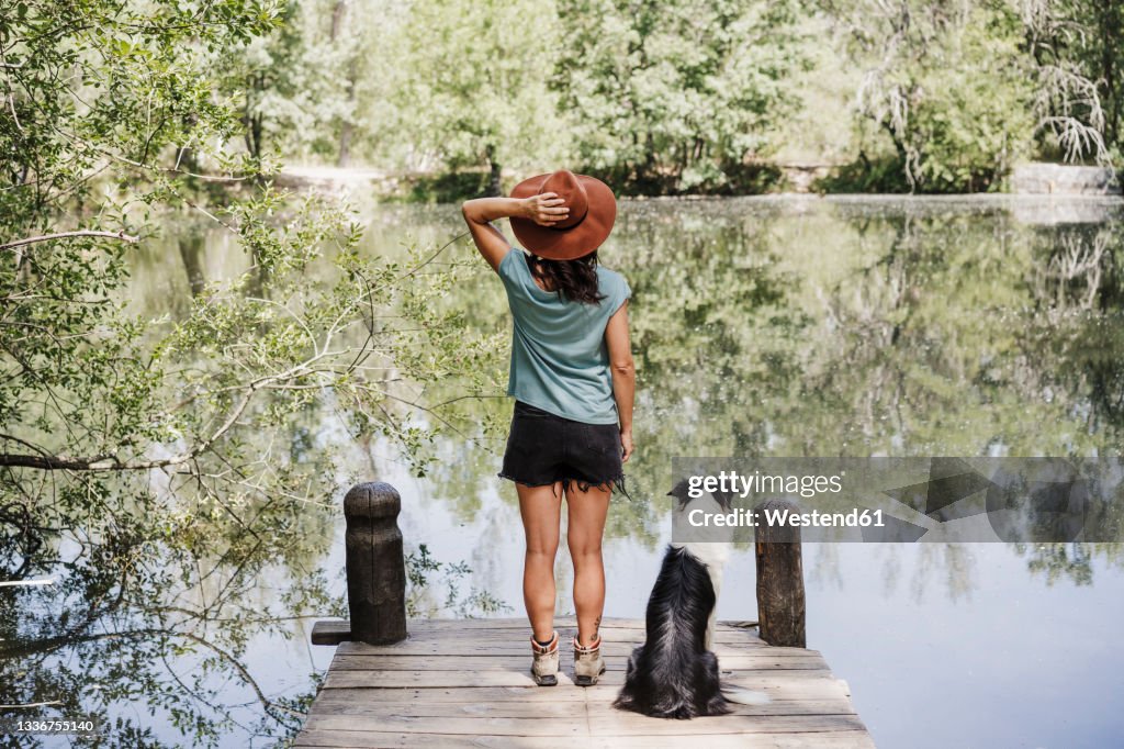 Mid adult woman in hat standing by pet dog on pier at lake in forest