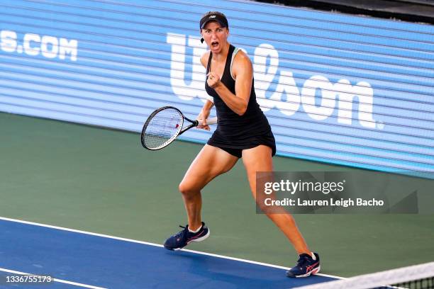 Catherine Harrison of the United States celebrates during the first set of her semifinals doubles match against Christina McHale of the United States...