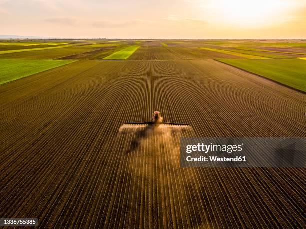 aerial view of tractor spraying soybean crops at sunset - spraying soybeans stock pictures, royalty-free photos & images
