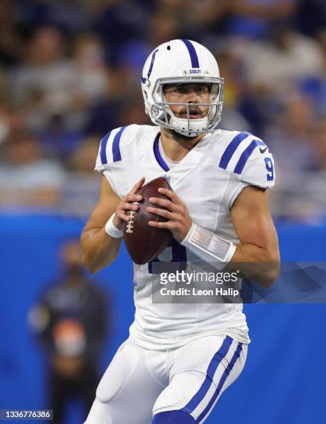 Jacob Eason of the Indianapolis Colts drops back to pass during the first quarter of the game against the Detroit Lions at Ford Field on August 27,...