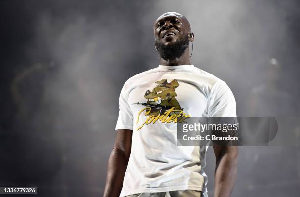 Stormzy headlines on the Main Stage during Day 1 of the Reading Festival 2021 at Richfield Avenue on August 27, 2021 in Reading, England.