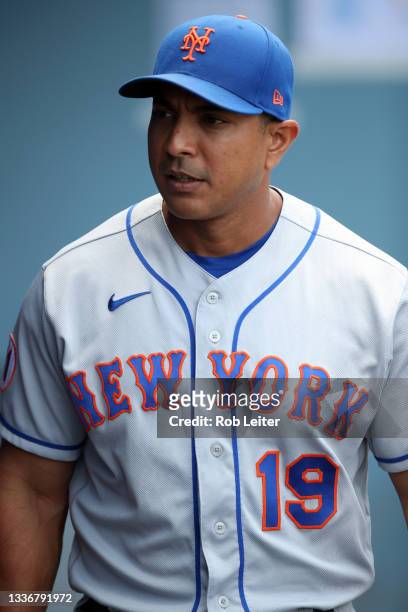 Manager Luis Rojas of the New York Mets looks on before the game against the Los Angeles Dodgers at Dodger Stadium on August 22, 2021 in Los Angeles,...