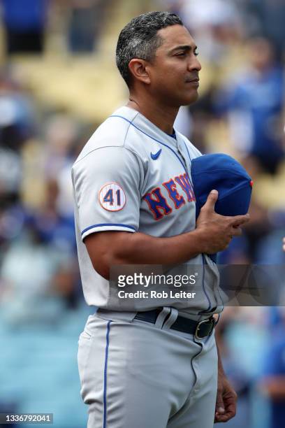 Manager Luis Rojas of the New York Mets looks on before the game against the Los Angeles Dodgers at Dodger Stadium on August 22, 2021 in Los Angeles,...