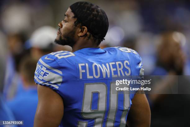 Trey Flowers of the Detroit Lions watches the action during the fourth quarter of the game against the Indianapolis Colts at Ford Field on August 27,...