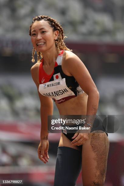 Maya Nakanishi of Team Japan reacts aWomen’s Long Jump - T64 Final on day 4 of the Tokyo 2020 Paralympic Games at Olympic Stadium on August 28, 2021...