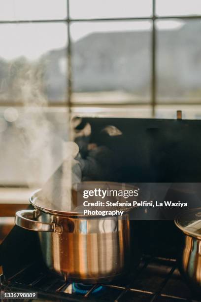 water boiling in stainless steel pan on a gas stove - boiling stock pictures, royalty-free photos & images