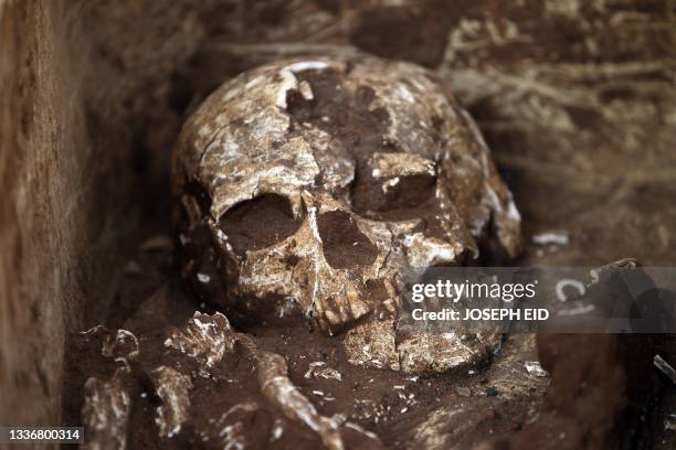 Skeleton dating back to the Roman era is found in a tomb at an archaeological excavation site in Beirut's Ashrafieh neighbourhood on September 7,...