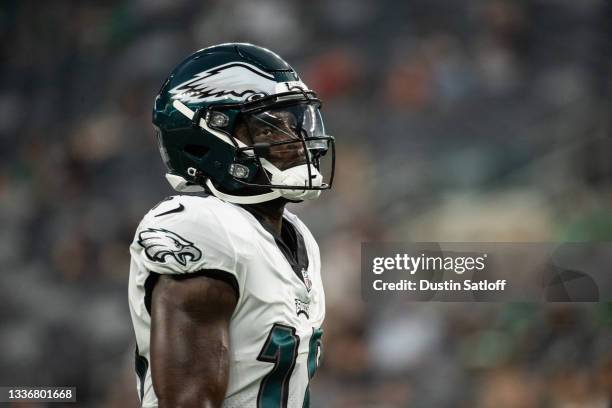 Jalen Reagor of the Philadelphia Eagles before the start of a preseason game against the New York Jets at MetLife Stadium on August 27, 2021 in East...