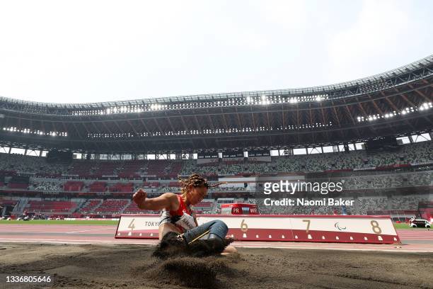 Maya Nakanishi of Team Japan lands her jump during the Women's Long Jump - T64 Final on day 4 of the Tokyo 2020 Paralympic Games at Olympic Stadium...