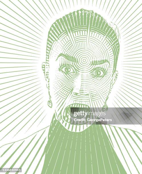 ilustraciones, imágenes clip art, dibujos animados e iconos de stock de mujer con expresión facial conmocionada - androgynous