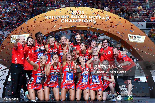 Swifts celebrate in the podium after their victory during the 2021 Super Netball Grand Final match between Sydney Swifts and GWS Giants at Nissan...
