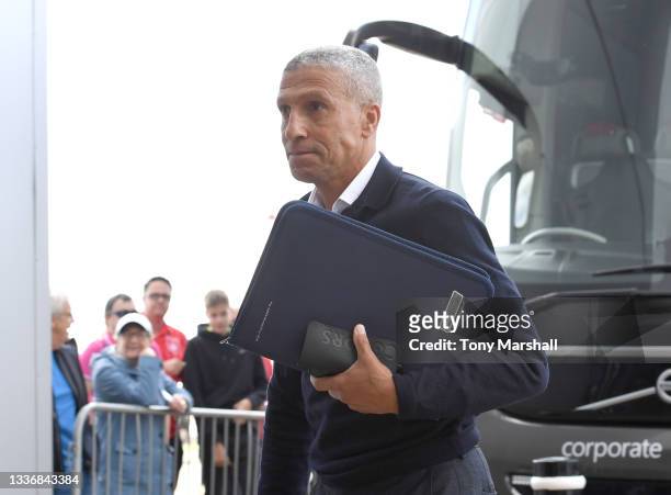Nottingham Forest Manager Chris Hughton arrives at Pride Park Stadium ahead of the Sky Bet Championship match between Derby County and Nottingham...