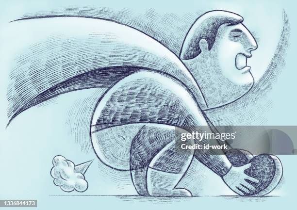 middle age super hero picking up heart symbol - heavy wind stock illustrations