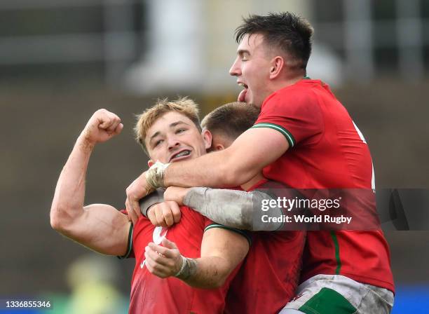 Daniel Edwards of Wales U20 celebrates after scoring a try during the World Rugby U20 Championship 2023, group A match between Wales and Japan at...