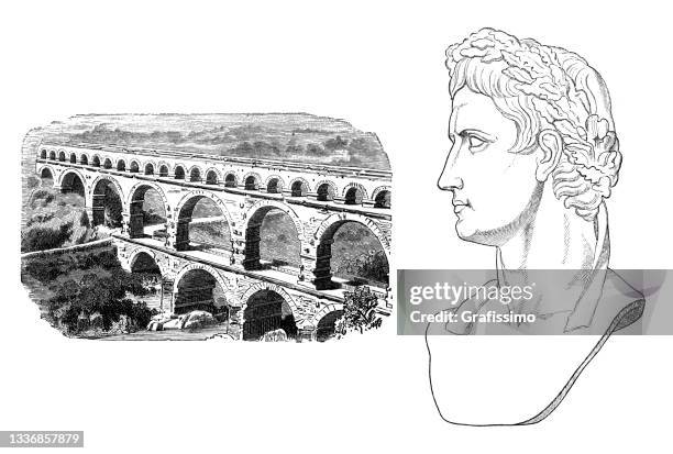 stockillustraties, clipart, cartoons en iconen met caesar augustus roman emperor portrait with aqueduct - aqueduct