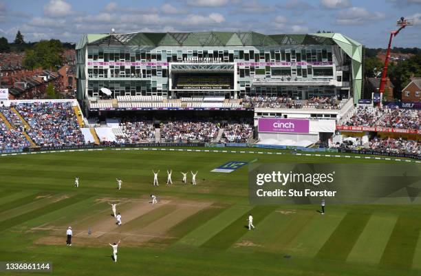 General view of the action from the Rugby Stand during day four of the Third Test Match between England and India at Emerald Headingley Stadium on...