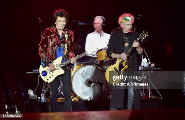 Mick Jagger, Keith Richarda, Ron Wood, Charlie Watts of Rolling Stones on Stage during the concert at U Stadium on October 25, 2017 in Nanterre,...