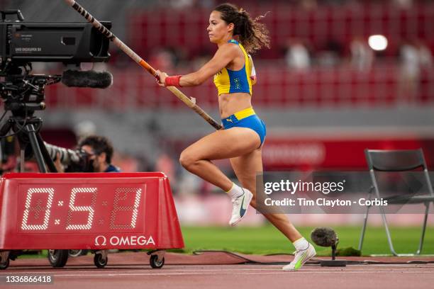 August 5: Angelica Bengtsson of Sweden in action in the pole vault final for women during the Track and Field competition at the Olympic Stadium at...