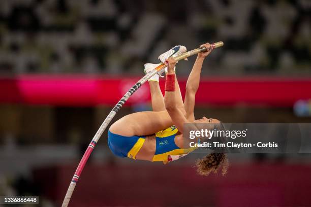 August 5: Angelica Bengtsson of Sweden in action in the pole vault final for women during the Track and Field competition at the Olympic Stadium at...
