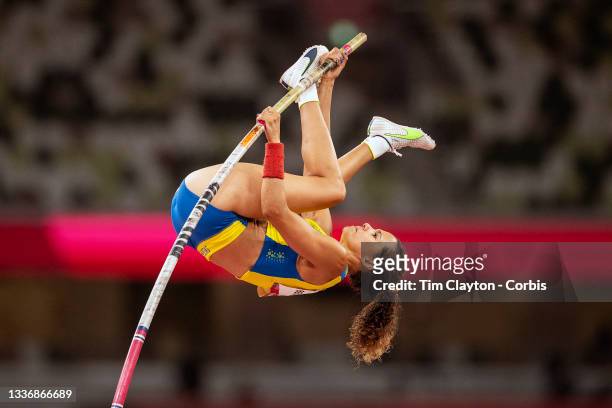 August 5: Angelica Bengtsson of Sweden in action in the pole vault final for women during the Track and Field competition at the Olympic Stadium at...