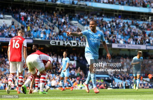 Gabriel Jesus of Manchester City celebrates after scoring his team's third goal during the Premier League match between Manchester City and Arsenal...