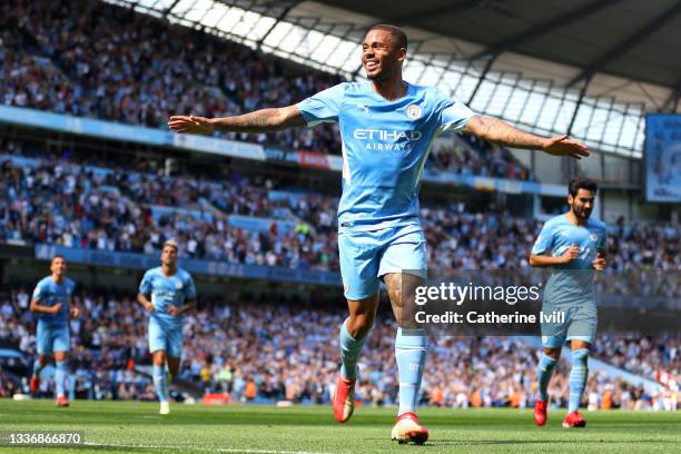 Gabriel Jesus of Manchester City celebrates after scoring his team's third goal during the Premier League match between Manchester City and Arsenal...