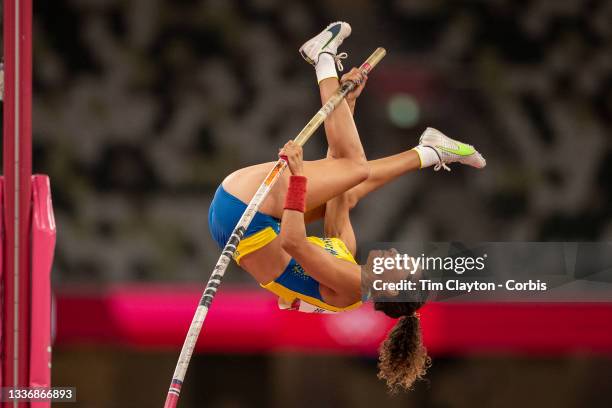 August 5: Angelica Bengtsson of Sweden in action in the pole vault final for women during the Track and Field competition at the Olympic Stadium at...