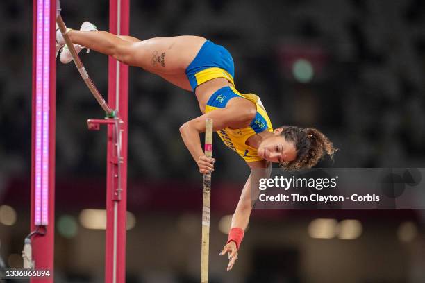 August 5: Angelica Bengtsson of Sweden in action in the pole vault final for women during the Track and Field competition at the Olympic Stadium at...