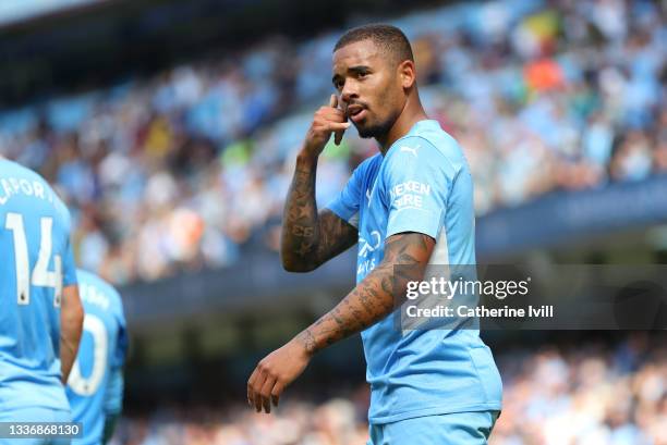 Gabriel Jesus of Manchester City celebrates after scoring his team's third goal during the Premier League match between Manchester City and Arsenal...