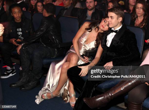 Singers Selena Gomez and Justin Bieber in the audience at the 2011 American Music Awards held at Nokia Theatre L.A. LIVE on November 20, 2011 in Los...