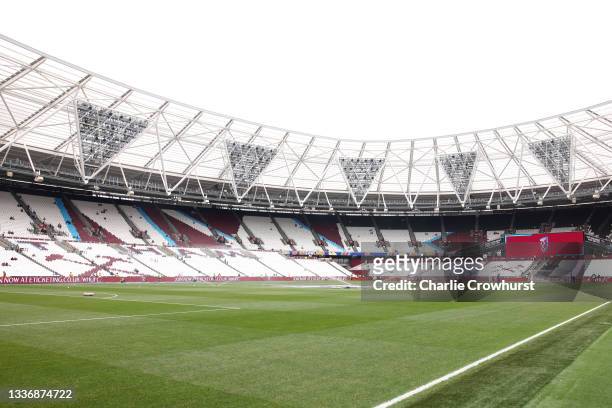 General view inside of the stadium ahead of the Premier League match between West Ham United and Crystal Palace at London Stadium on August 28, 2021...