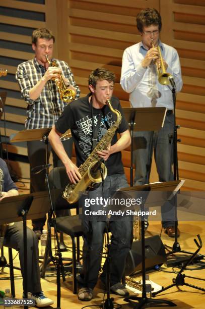 Owen Bryce, Anthony Brown and Graham South of Beats & Pieces Big Band perform on stage at Kings Place during Day 9 of the London Jazz Festival 2011...