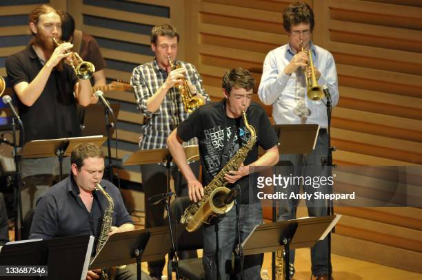 Nick Walters, Sam Healey, Owen Bryce, Anthony Brown and Graham South of Beats & Pieces Big Band perform on stage at Kings Place during Day 9 of the...