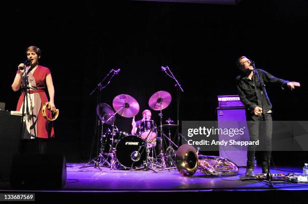 Kristine Hoem, Trond Bersu and Kristoffe Lo of PELbO perform on stage at Kings Place during Day 9 of the London Jazz Festival 2011 on November 19,...