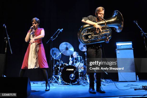 Kristine Hoem, Trond Bersu and Kristoffe Lo of PELbO perform on stage at Kings Place during Day 9 of the London Jazz Festival 2011 on November 19,...