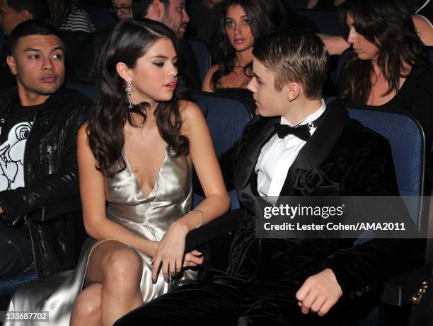 Singers Selena Gomez and Justin Bieber at the 2011 American Music Awards held at Nokia Theatre L.A. LIVE on November 20, 2011 in Los Angeles,...