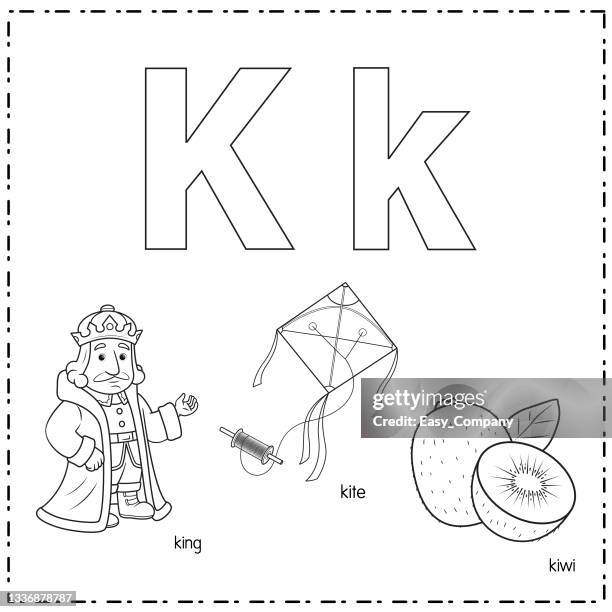 vector illustration for learning the letter k in both lowercase and uppercase for children with 3 cartoon images. king kite kiwi. - summer learning stock illustrations