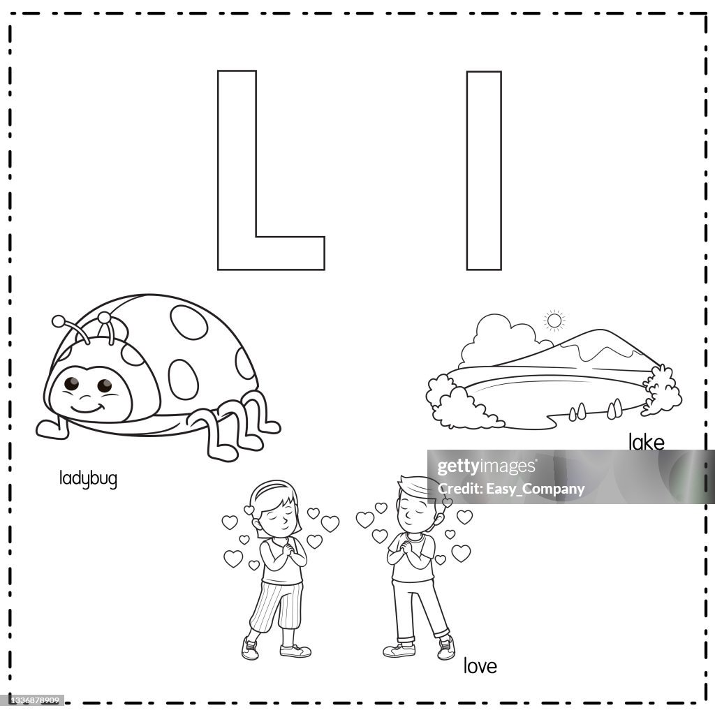 Vector illustration for learning the letter L in both lowercase and uppercase for children with 3 cartoon images. Ladybug Love Lake.