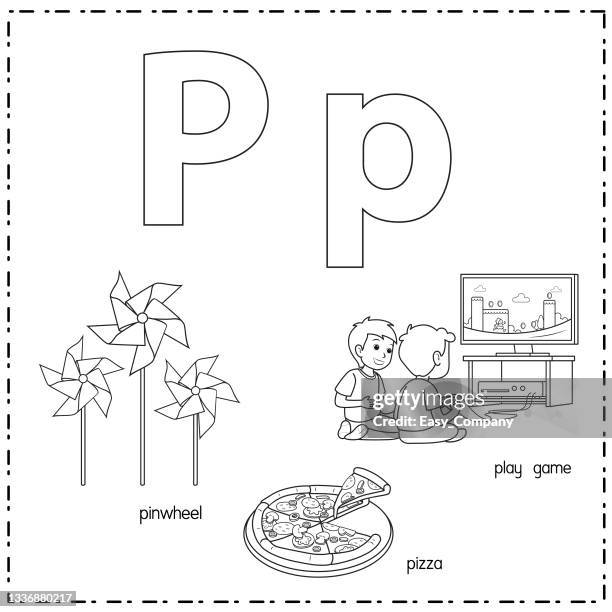 vector illustration for learning the letter p in both lowercase and uppercase for children with 3 cartoon images. pinwheel pizza play game. - paper windmill stock illustrations