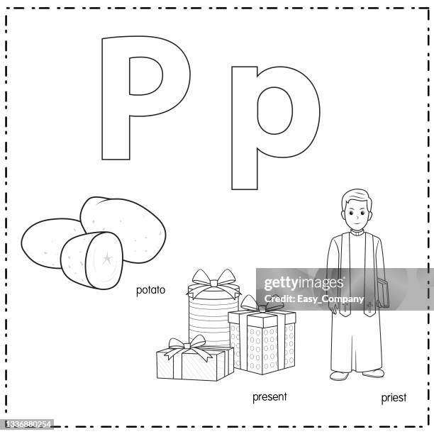vector illustration for learning the letter p in both lowercase and uppercase for children with 3 cartoon images. potato present priest. - monk studying stock illustrations