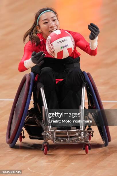Kae Kurahashi of Team Japan competes against Team Great Britain in wheelchair rugby Semi Final match on day 4 of the Tokyo 2020 Paralympic Games at...