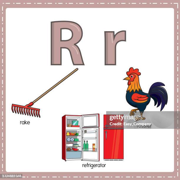 vector illustration for learning the letter r in both lowercase and uppercase for children with 3 cartoon images. rooster refrigerator rake. - first steps outside stock illustrations
